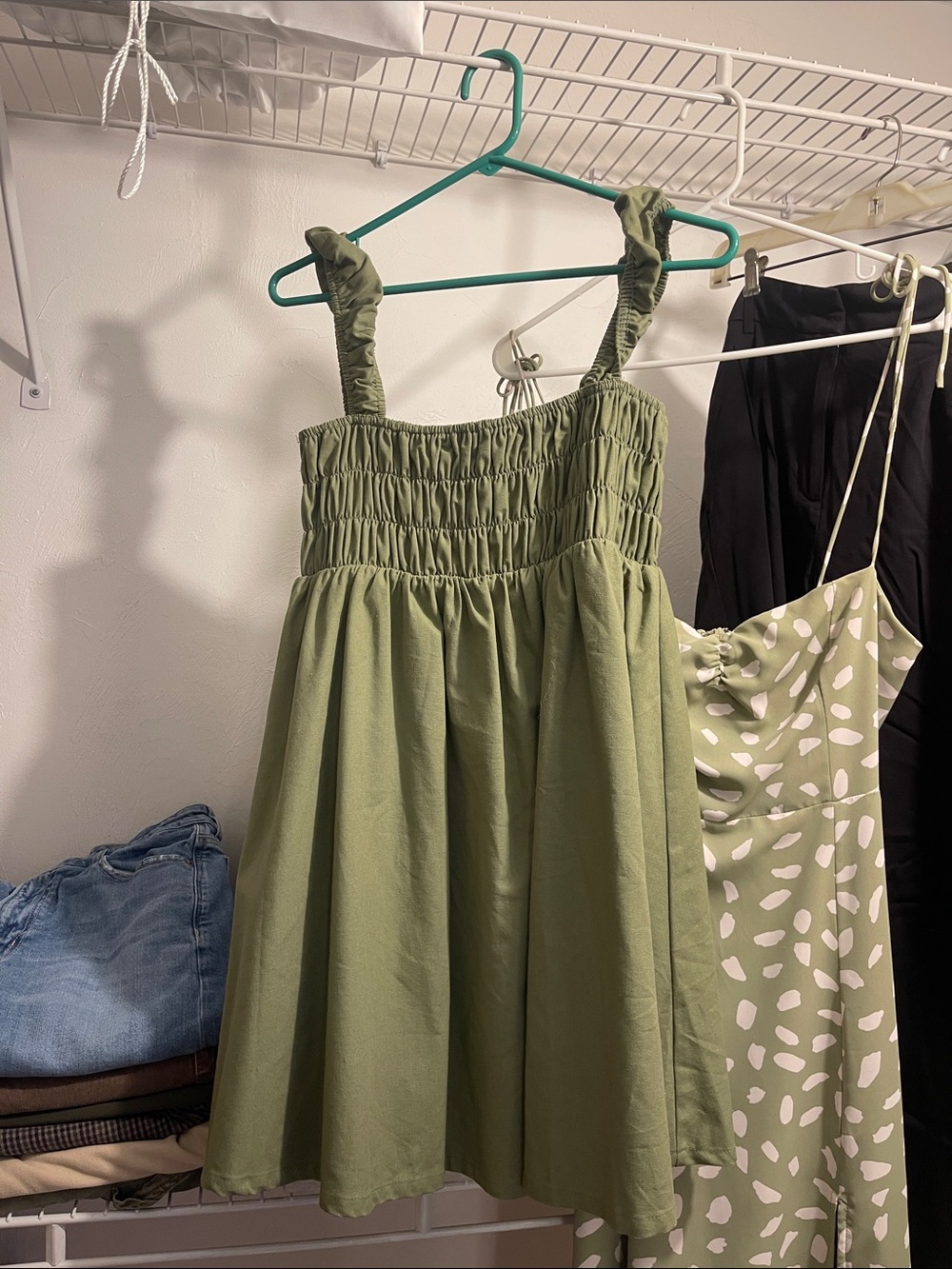 La Hearts Olive Green Smocked Mini Dress